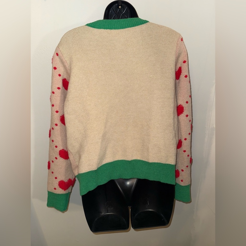 SHEIN Heart Patterned Cardigan Sweater Medium Tan Red Green Valentine's Day - Picture 3 of 9